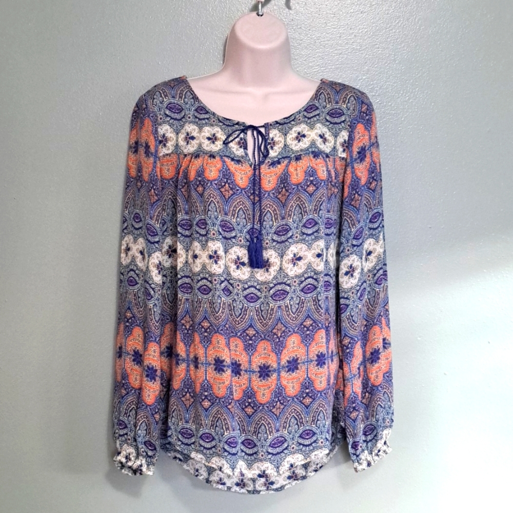 Lucky Brand Blouse Orange And Blue Medium